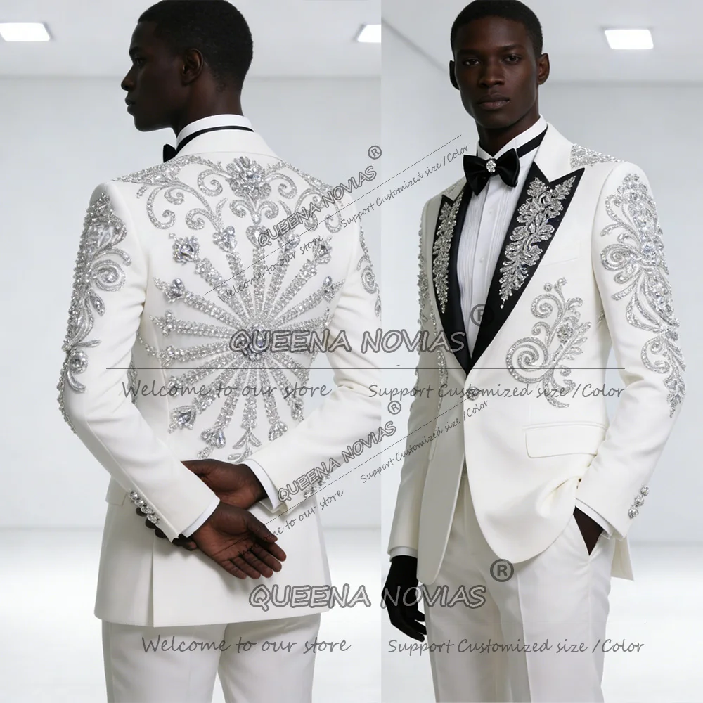 

Мужской модный костюм с каменными украшениями, приталенный пиджак с бисерной отделкой на лацканах, свадебный смокинг для жениха, модель 2026 года