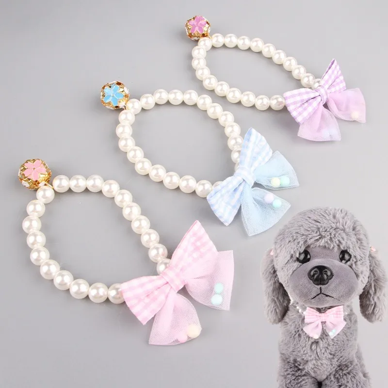 Cat Collar Pet Lace Bow Pearl Necklace Pet Collar Dog Jewelry Love Diamond Pet Products for Dog Birthday Gift Photo Accessories