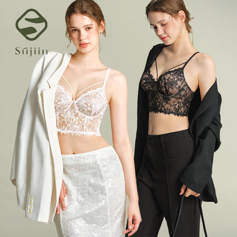 

SUJIIN Women's Sexy Wireless Bras Push Up Plunge Lace Bras Woman White Beautiful Back Very Hot Lingerie for Small Breast MX338