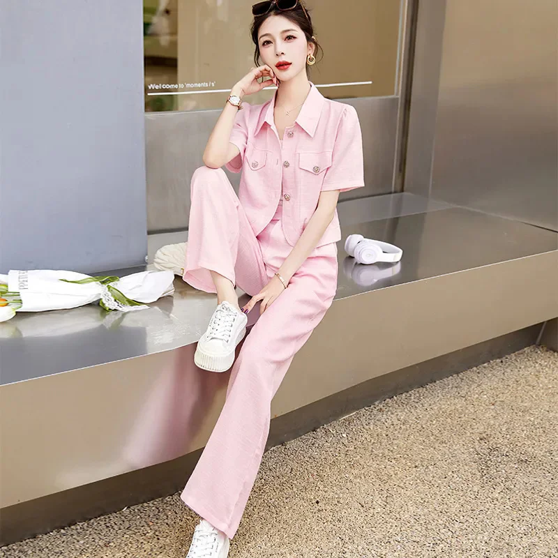 Summer And Autumn Suit Female Light Cooked Fragrance Royal Sister Fan Small Suit Wide-leg Pants Two-piece Loose Straight Pants