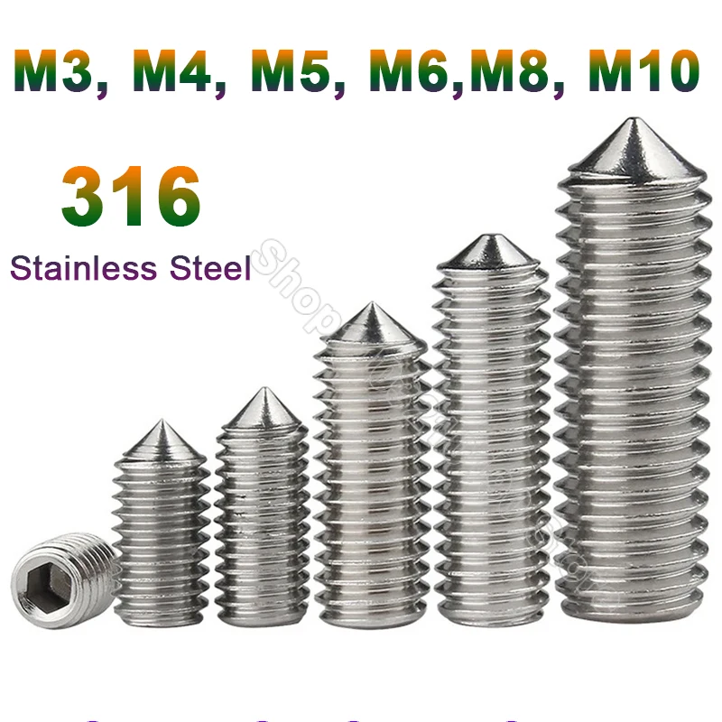 3-50pcs M3 M4 M5 M6 M8 M10 316 A4 Stainless Steel Hex Hexagon Socket Set Screw Cone Point Headless Grub Screw Allen Head Bolts