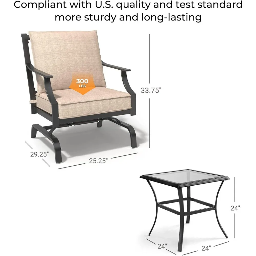 Conjunto de pátio de 3 peças, assentos para pátio externo, 2 cadeiras de balanço para pátio, cadeiras de movimento com mesa lateral, conjunto de cadeiras de balanço para pátio