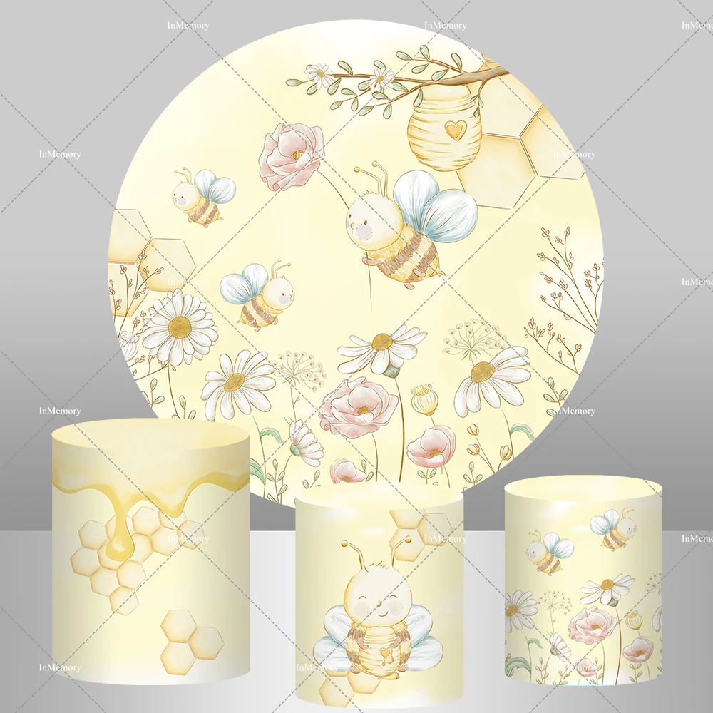 Yellow Kids Sweet Bee Day Round Backdrop Cover For Girls Newborn Baby Shower 1st Birthday Party Photo Backgrounds Plinth Covers