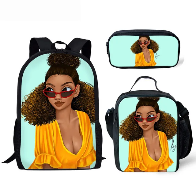 

Cartoon Popular New African girl 3D Printed 3pcs/Set Student School Bags Laptop Daypack Backpack Lunch bag Pencil Case