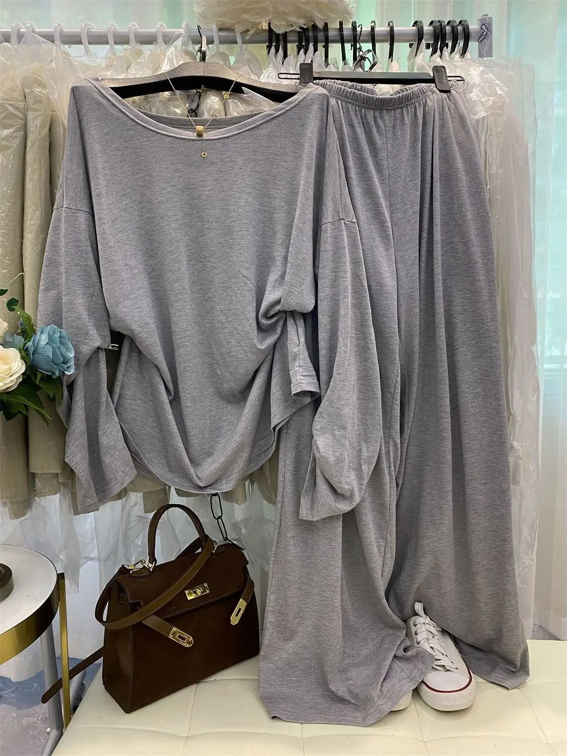 

plus Size Spring Autumn New Sle Women's oulder Bared Long Sve T-irt High Waist Wide Leg Pants Two Piece Set