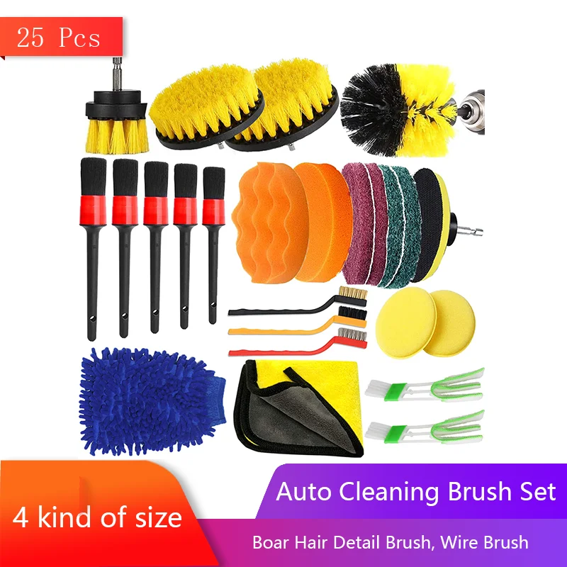 25Pcs Auto Cleaning Brush Set with Scouring Pads Boar Hair Detail Brush Wire Brush Air Conditioner Brush Great for Removing Dirt