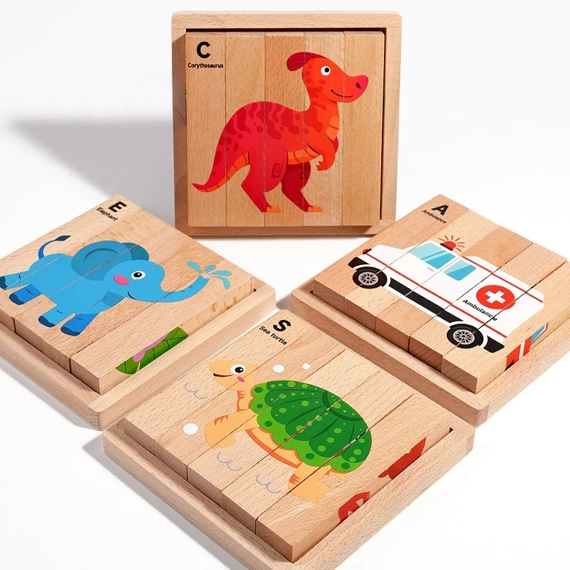Stereoskopische Streifen-Tiertransportbausteine aus Holz, Verkehrs-Dinosaurier-Puzzle, Aufklärungsspielzeug, 4-seitiges Muster-Puzzle
