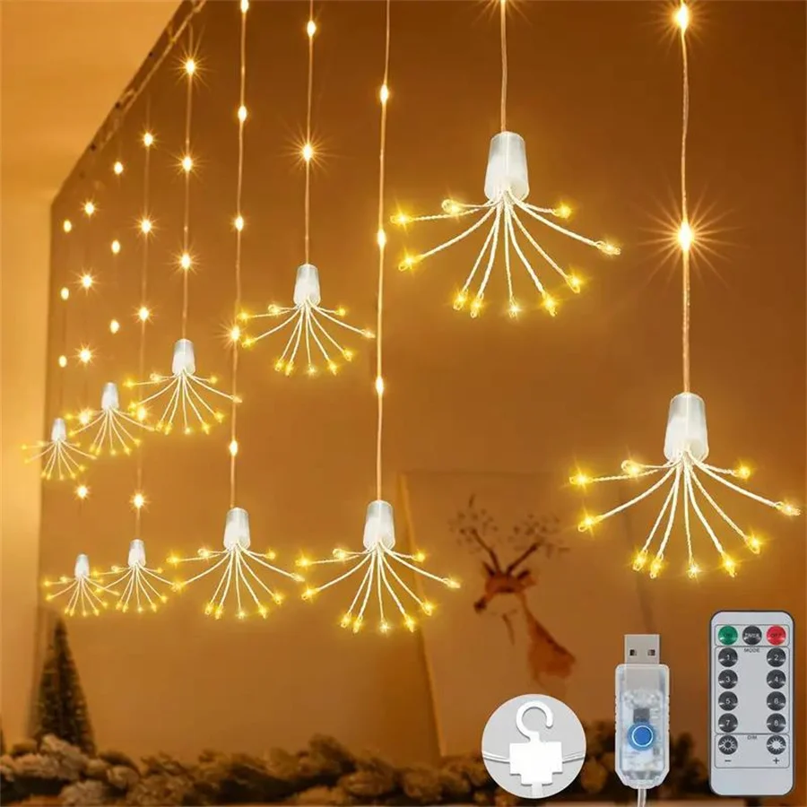 3M Mini Fireworks Curtain String Light 150 LED Starburst Window Curtain Fairy Light USB Powered for Wedding Party Backdrop Decor