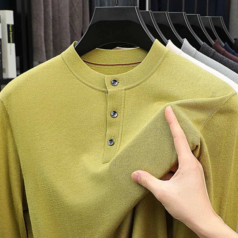 

Henry Collar Silk Wool Tops Men Spring Autumn Breathable Thin Knit T-shirt Classic Buttons Jumper Long Sleeve Sheep Wool Jumper