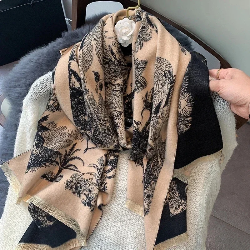 2024 Luxury Floral Print Scarf for Women Warmer Winter Cashmere Pashmina Scarves Shawls Female Thick Blanket Wraps Foulard