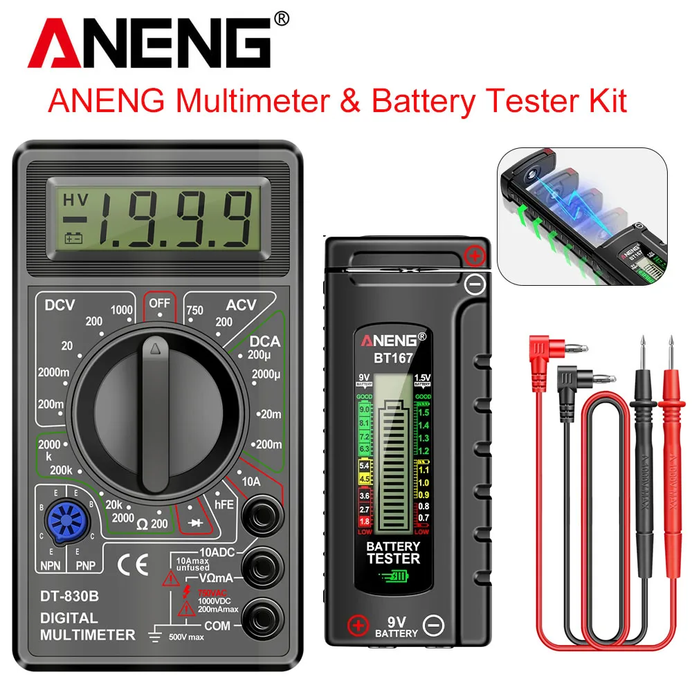 

Мультиметр ANENG Pro Kit DT830B+BT167 с тестером батарей, 1999 показаний, тест HFE/диодов, проверка батарей AA/AAA/9V, инструменты для дома и DIY