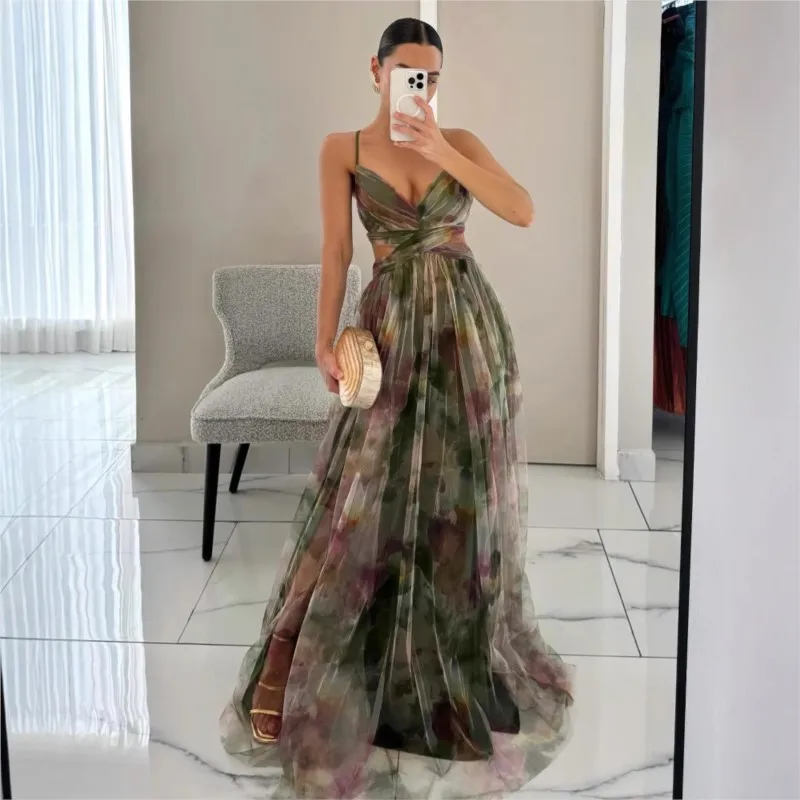 

Elegant printed pleated chiffon evening dress; sexy off-shoulder sleeveless holiday dress; summer casual party dress.