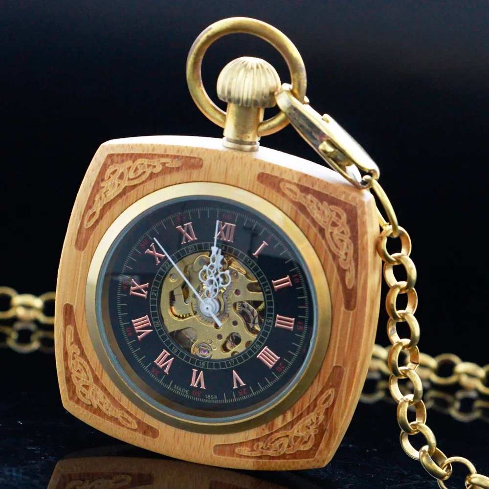 ساعة جيب هيكل عظمي ميكانيكية خشبية أرقام رومانية ساعات جيب خشبية مستطيلة مع سلسلة للرجال