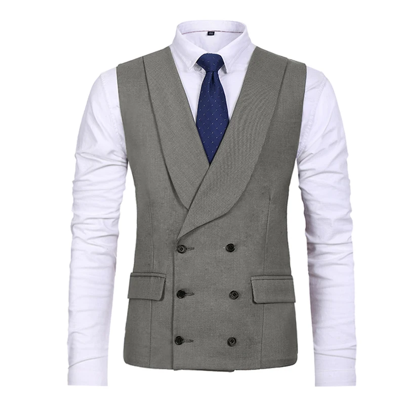 Men's Suit Vest Gray Double Breasted Two Pockets Retro Suit Waistcoat Groom Costumes For Groomsmen Wedding Dress Male Vests 2022