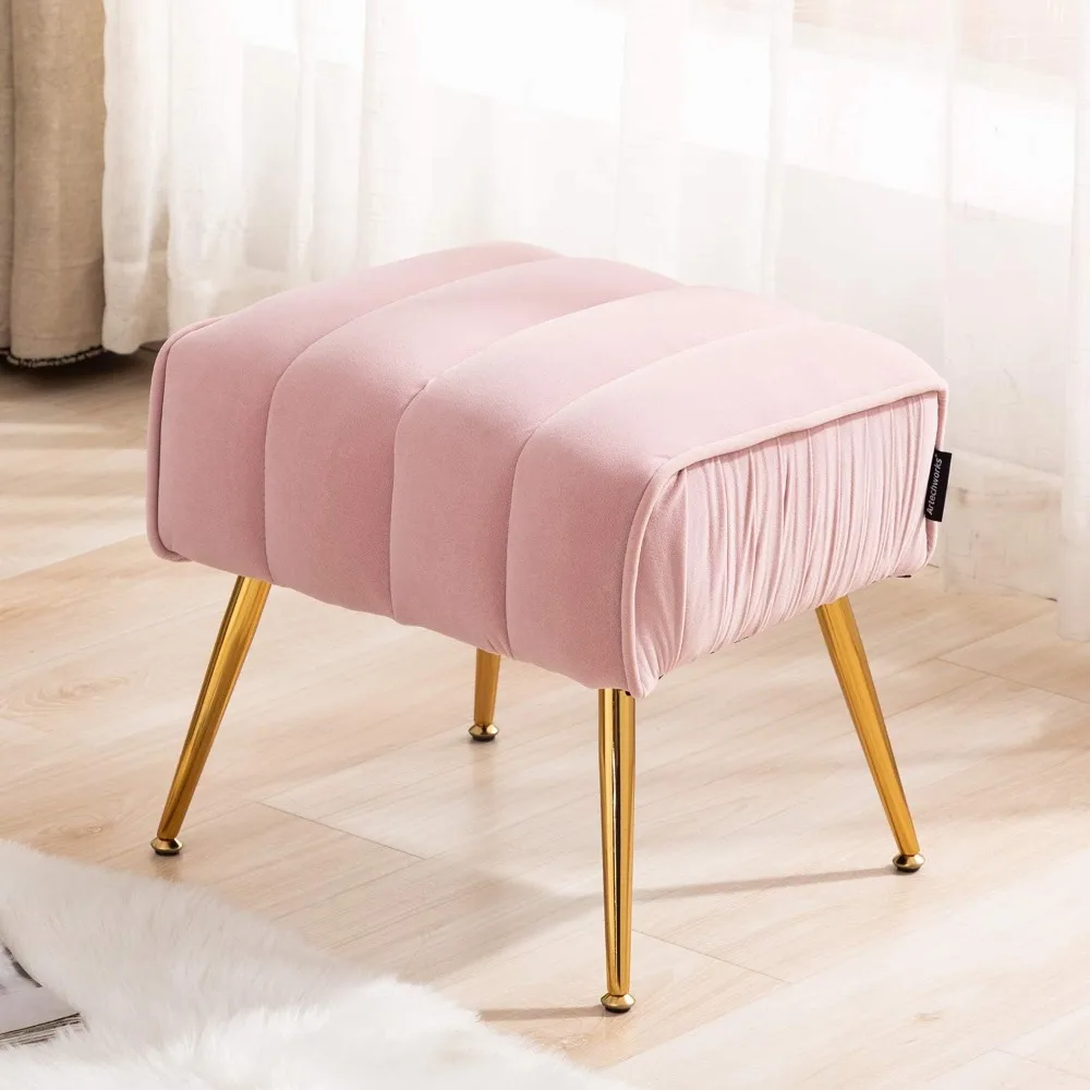 

Upholstered Velvet Ottoman with Gold Legs Metal Base for Foot Rest Stool Seat in Living Room Bedroom Hallway Entryway,Pink