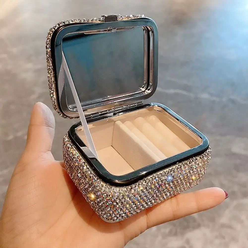 

Bling Mini Jewelry Box with Mirror Creative Rhinestone Diamond Jewelry Box Minimalistic Square Necklace Storage Case
