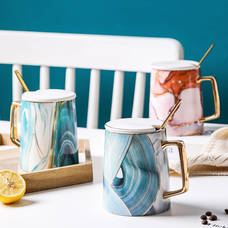 Creative Ceramic Mug with Spoon, Marbling Coffee Cup with Lid, Milk and Water, Home Drinking