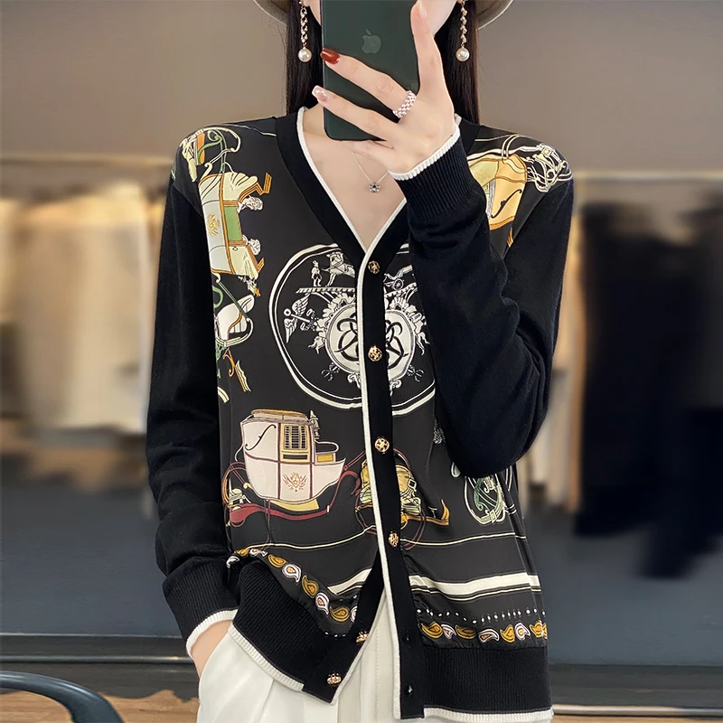 Spring Autumn Women 100% Wool Silk Stitching Sweater New V-neck Printing Cardigan Casual Knitted Soft Jacket Slim Warm Tops