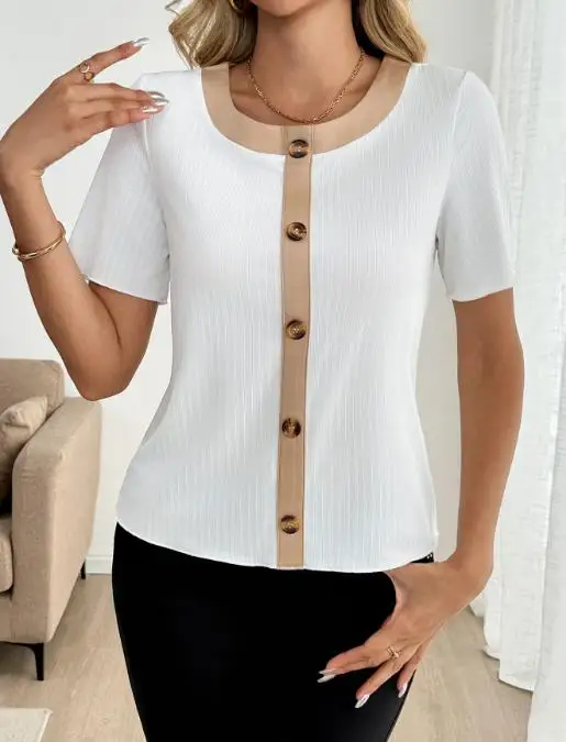 

Summer New Casual Button Decoration Color Blocked Short Sleeved Striped Knitted T-Shirt for Women