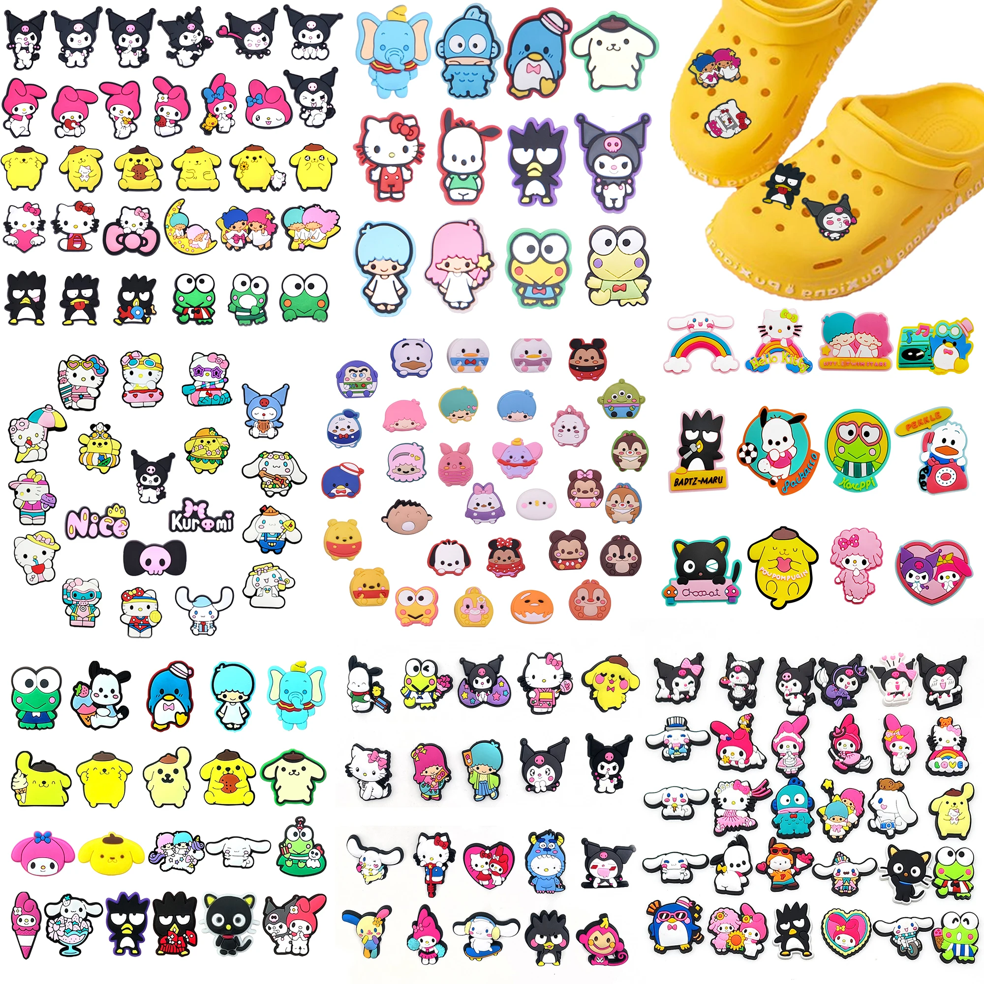 12-200pcs Mesuca Cute Cartoon Sanrio Series PVC Shoe Accessories Suitable For Hole Shoes And Beach Bags Party Decoration