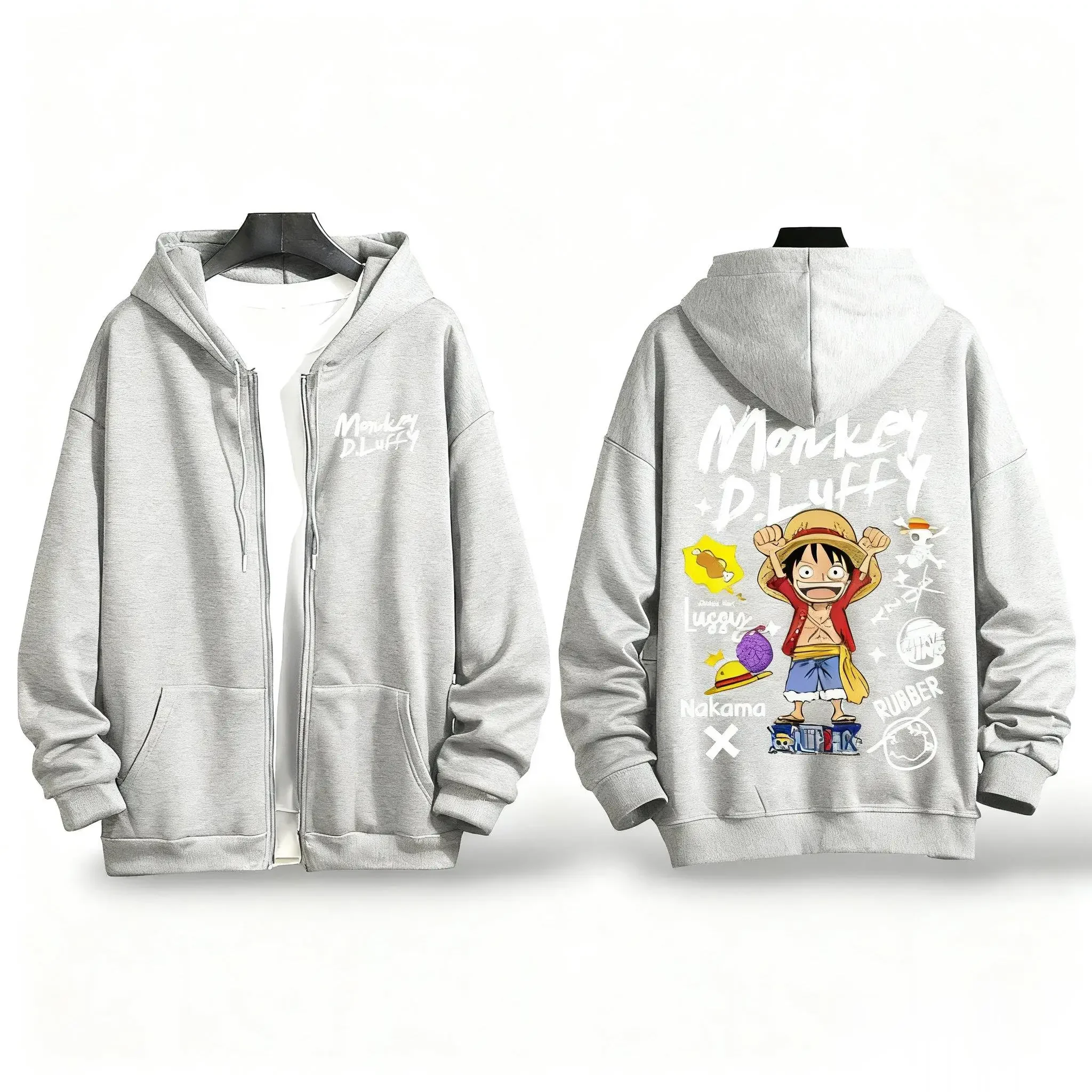 Chaqueta con capucha de Anime de una pieza con estampado de Luffy para hombre y mujer, sudadera con cremallera, ropa de calle informal, Tops de manga larga, moda de otoño e invierno