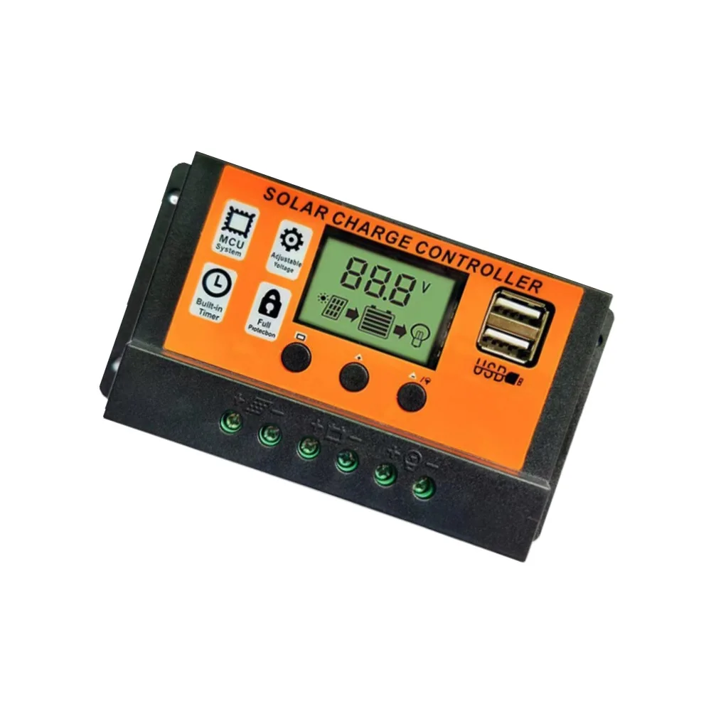 China Factory 10A-100A 12V 24V Auto Solar Charge Controller PWM Controllers LCD Dual USB 5V Output Solar Panel PV Regulator