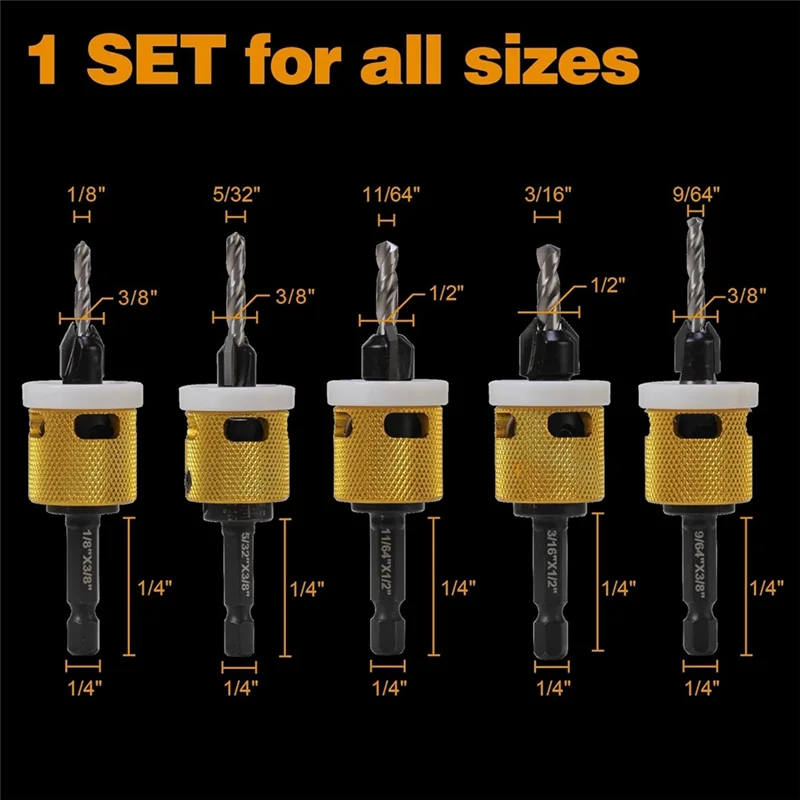 مجموعة لقم ثقب غاطسة ذات 3 رؤوس AEE مع توقف عمق احتكاك منخفض، مثقاب غاطس سريع التغيير 1/4 بوصة للخشب والبلاستيك