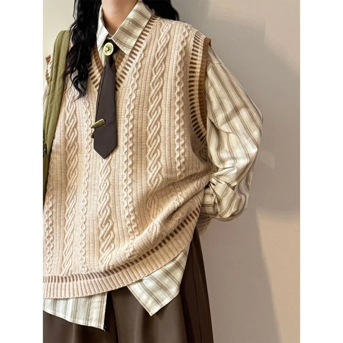 فضفاض V-Ne محبوك سترة الخريف الشتاء عادية Coed كلية Sle تويست الغزل سترة الكورية فضفاضة طبقات oulder وسادة سترة