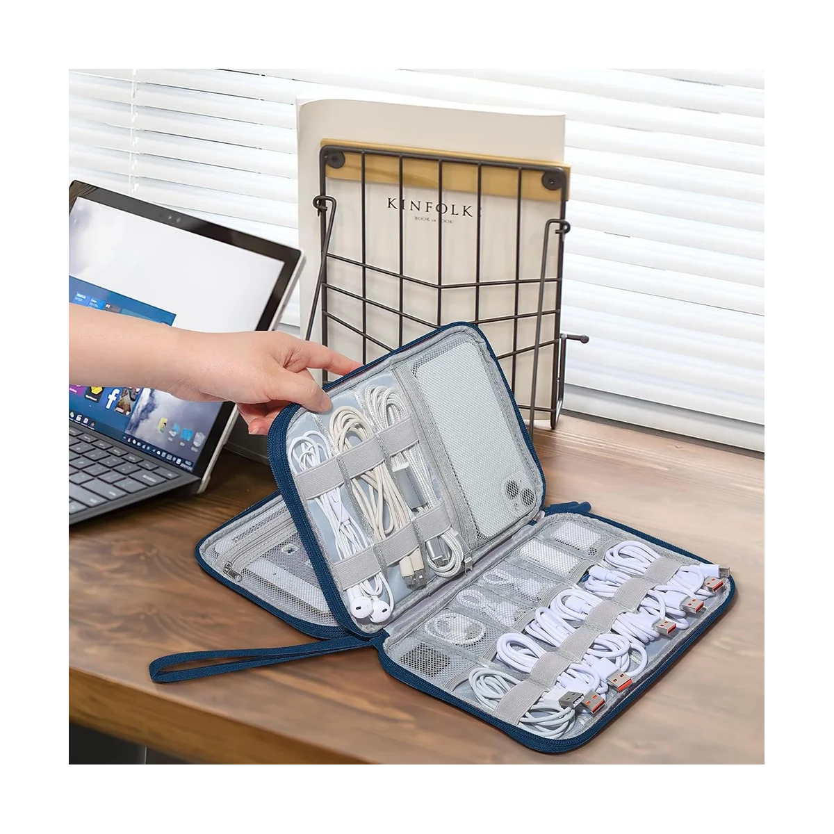 กระเป๋าจัดระเบียบอิเล็กทรอนิกส์สำหรับเดินทางกระเป๋าจัดระเบียบสายไฟสำหรับเดินทางกระเป๋าอุปกรณ์อิเล็กทรอนิกส์ขนาดกะทัดรัด-สีน้ำเงินเข้ม