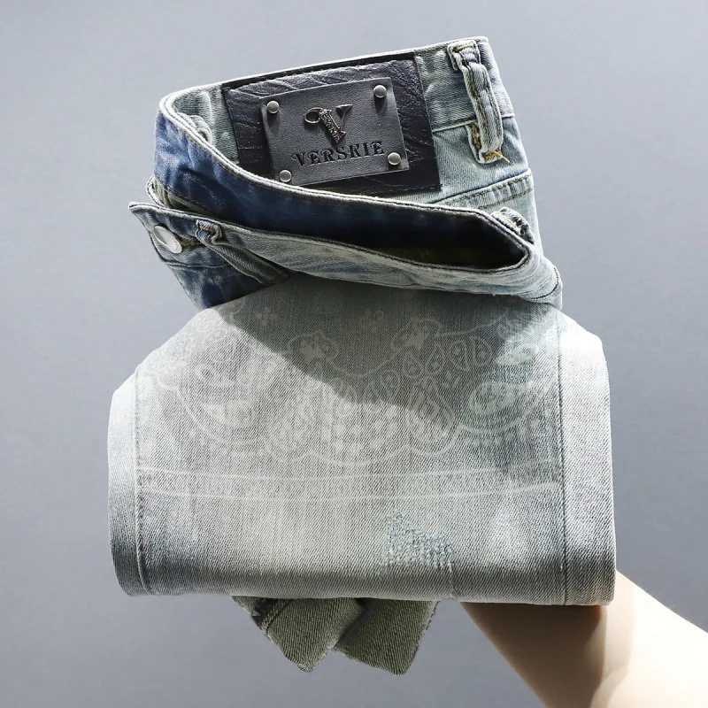 2024 New Fashion Light Luxury Men's Jeans with 3D Print Versatile Trendy Slim Fit Casual Skinny Long Pants