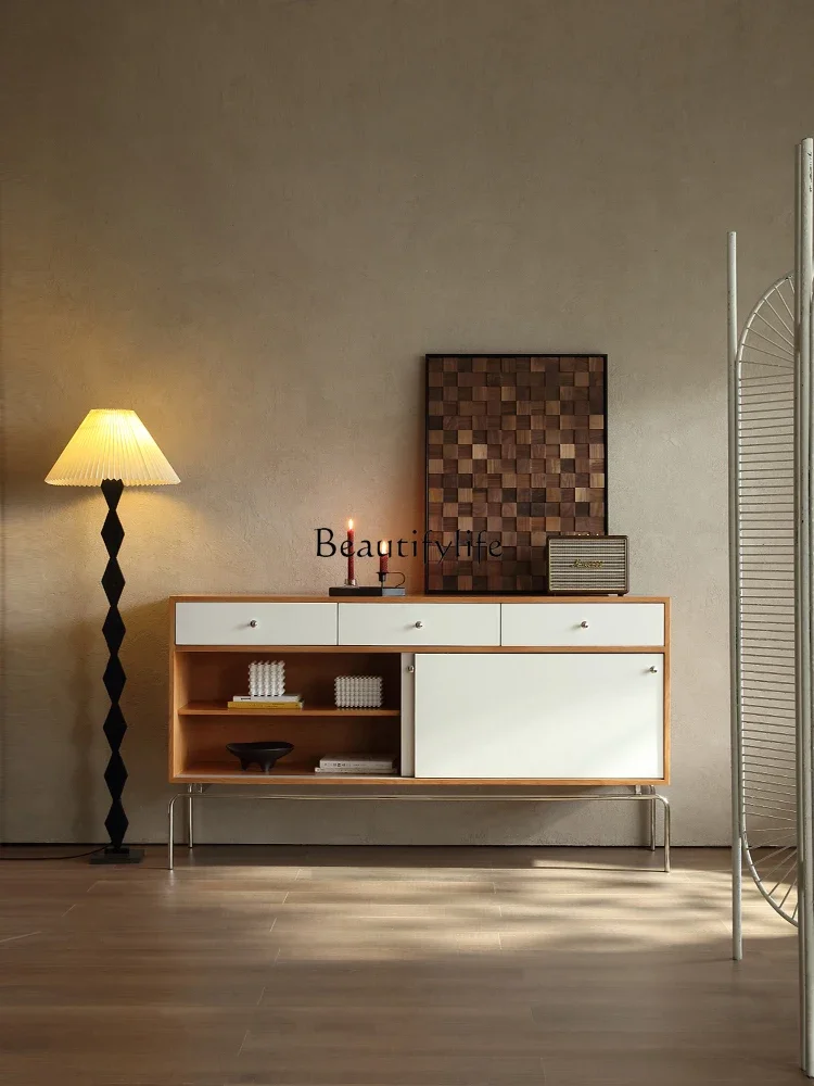 Retro Solid Wood Integrated Wall Sideboard Cabinet Saddle Leather Sliding Door Locker Stainless Steel