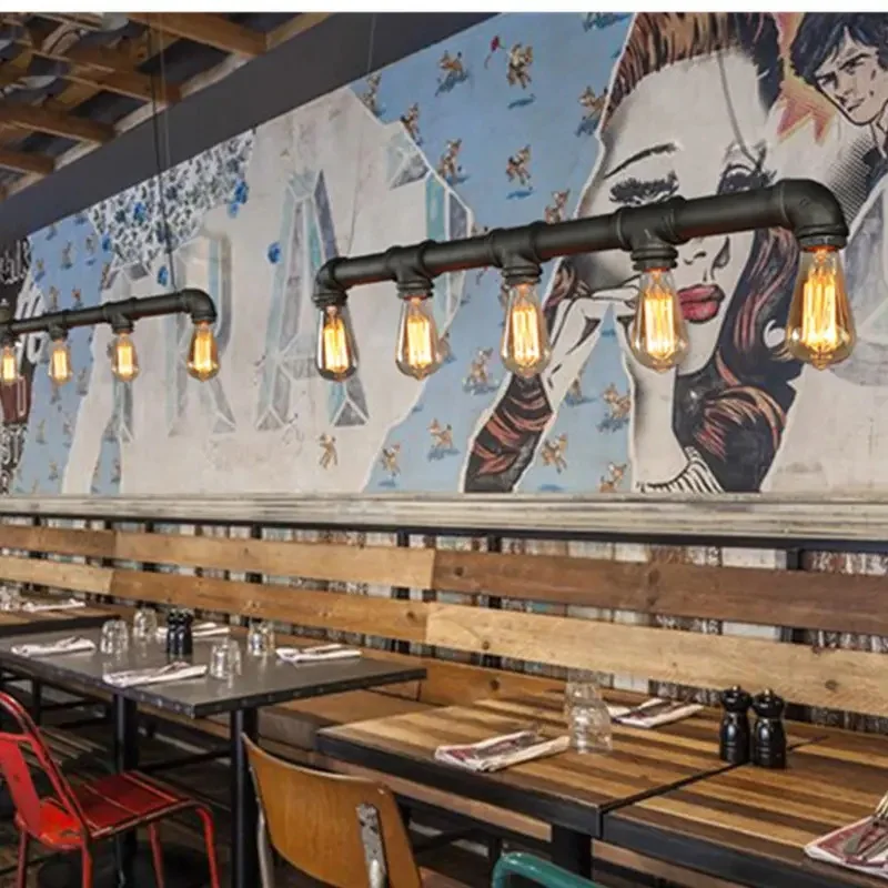 Industrial Black Pipe Linear Pendant Light 5-Light Vintage Water Pipe Hanging Lamp Kitchen Island Bar