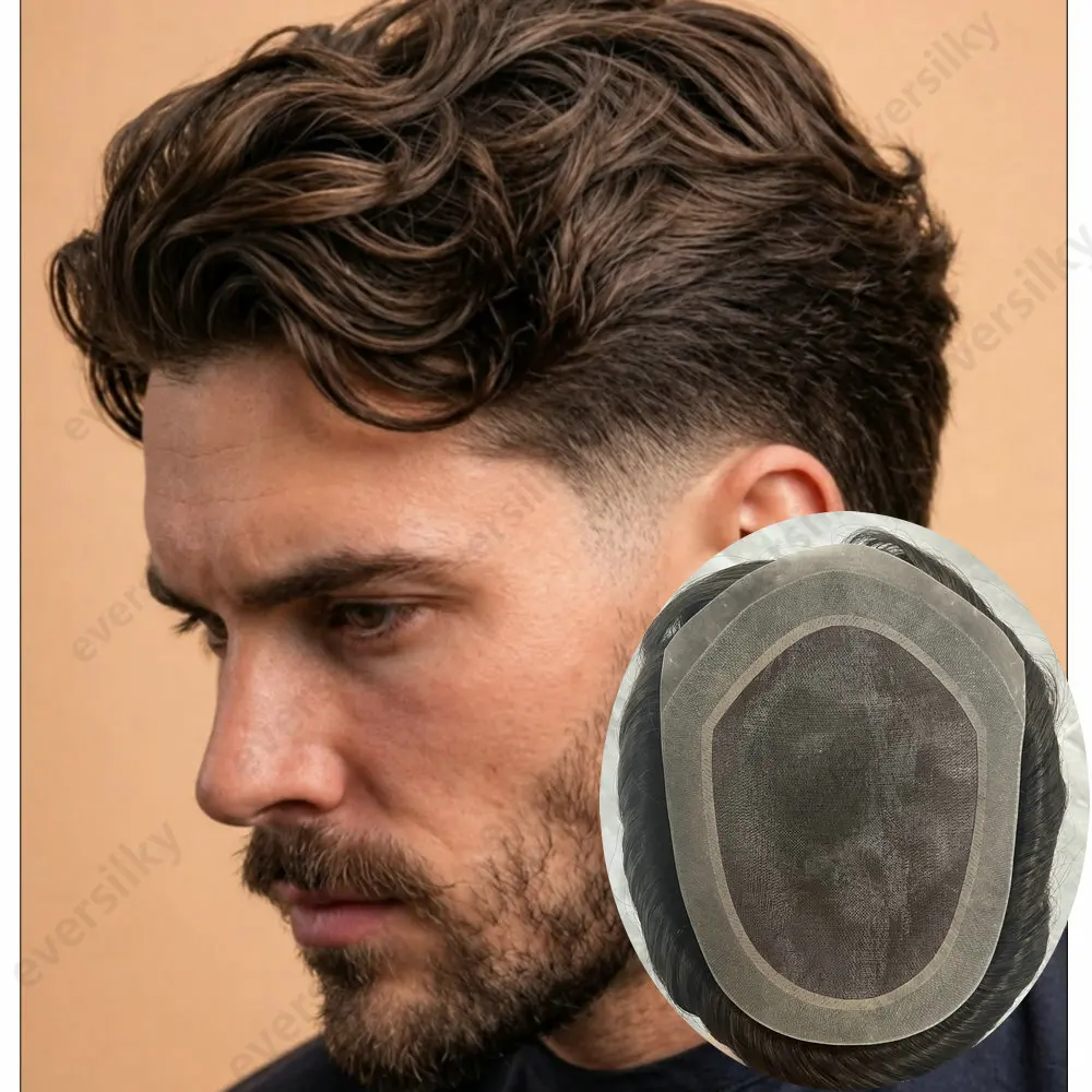 30mm Wellen-/Gerade Unentdeckbare V-Loop PU & Mono-Netz-Spitze Herrenperücken Echthaar-Toupet Langlebiges Haarteil-System für Glatzkopf-Prothesen – Detail 1