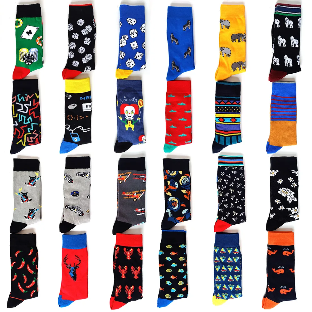 Men Series CottonTube Socks Funny Happy Personality Daily Skateboard Cartoon Shark Fruits Men's Long Socks Plus Sizes