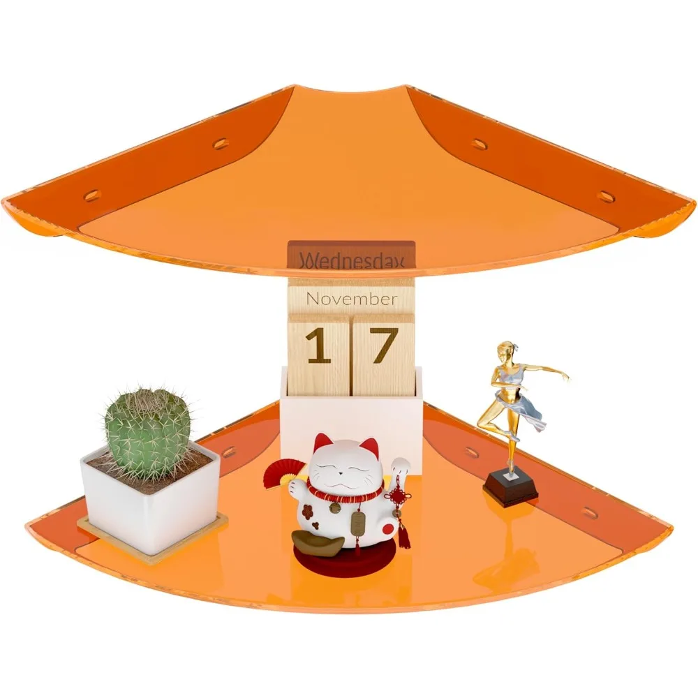 

9.5x9.5 Inch Acrylic Corner Floating Shelf Set of 2, Orange Corner Wall Shelf for Home Décor, Speakers, Security Cameras, Toiler
