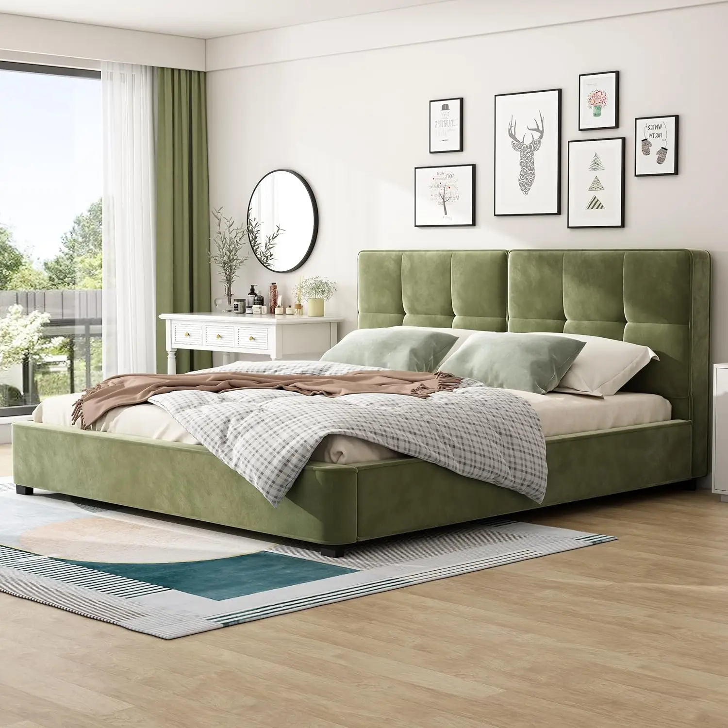 King Size Velvet Bed Frame with Curved Tufted Headboard, Wooden Platform Bed Frame with Soft Square Corners, Heavy, Customized