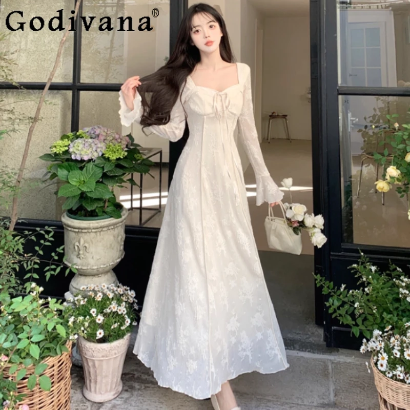 

Весенне-осеннее новое китайское платье большого размера в стиле ретро с квадратным вырезом и длинными рукавами, модное корейское платье феи с высокой талией, уменьшающее возраст