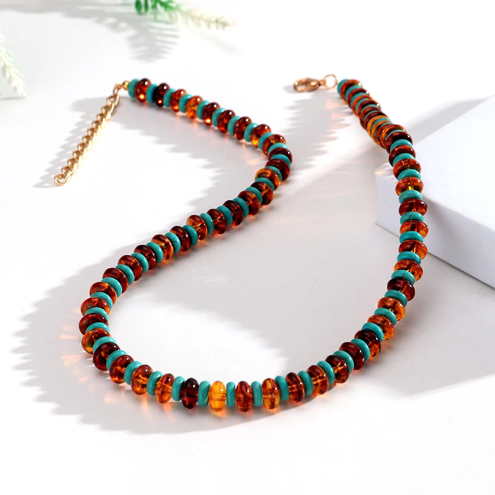 Vintage Harz Bernstein Flache Runde Perlen Halsketten Neue Geometrische Perlenkette Retro Schmuck Geschenke