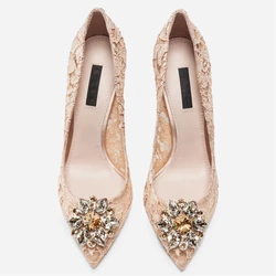 Spring and summer new pointed shallow lace rhinestone single shoes high-heeled banquet dress large size small size women sandals