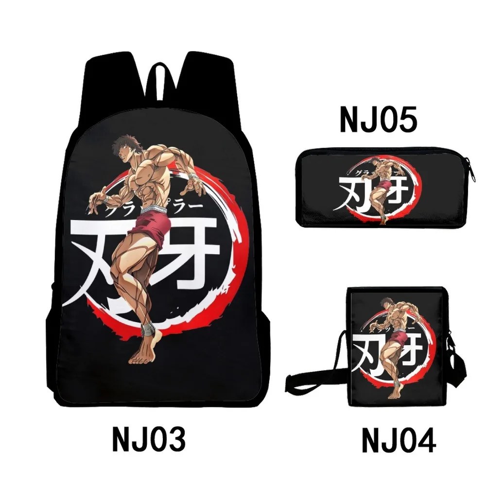 Yujiro Baki Hanma 3D Print mochilas escolares, mochila para laptop, bolsa de ombro inclinado, estojo de lápis, anime clássico, 3 peças por conjunto