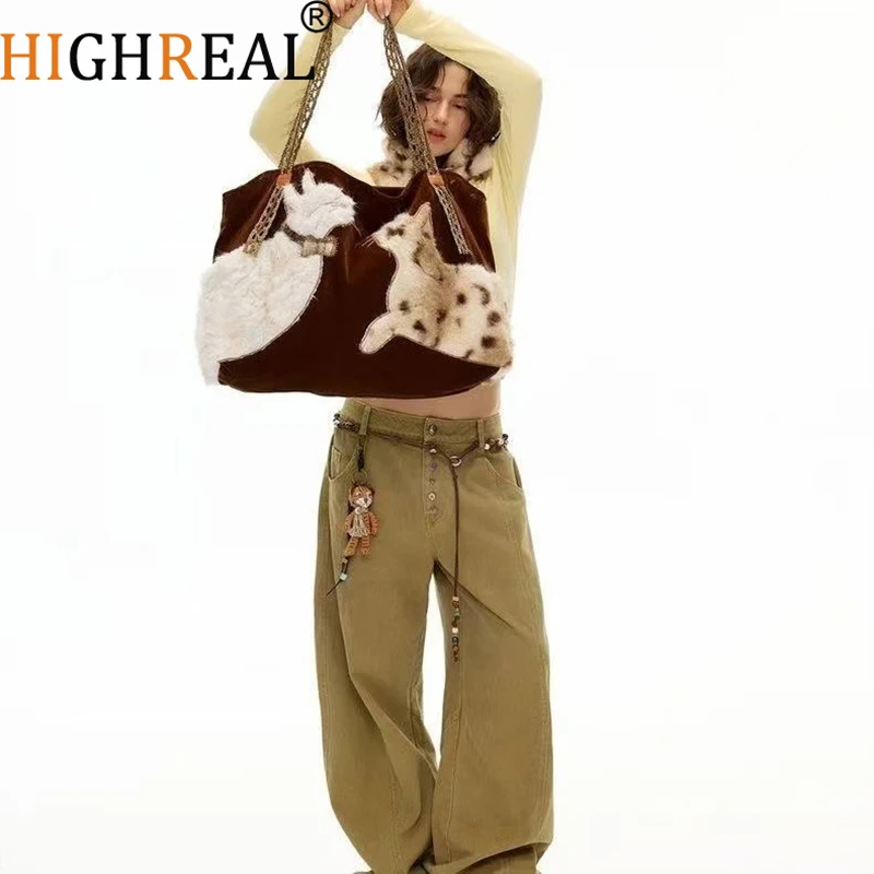 

Cute Retro Puppy Tote Bag Women Leather Texture Plush Large Capacity Shoulder Bag Ladies Fashion Casual Versatile Crossbody Bags