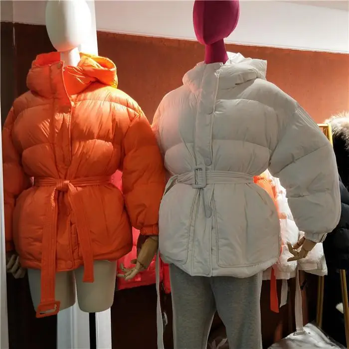 الأبيض Du down Puffer Jaet الشتاء Thiened الخبز Sle طالب فضفاض الخصر مربوط معطف بسيط تخفيف Sle ألياف البوليستر