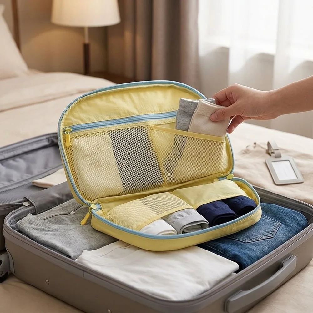 Travel Underwear Storage Bag 3 in 1 with Wide 180 Degree Opening Shell Shape for Easy Packing and Organization