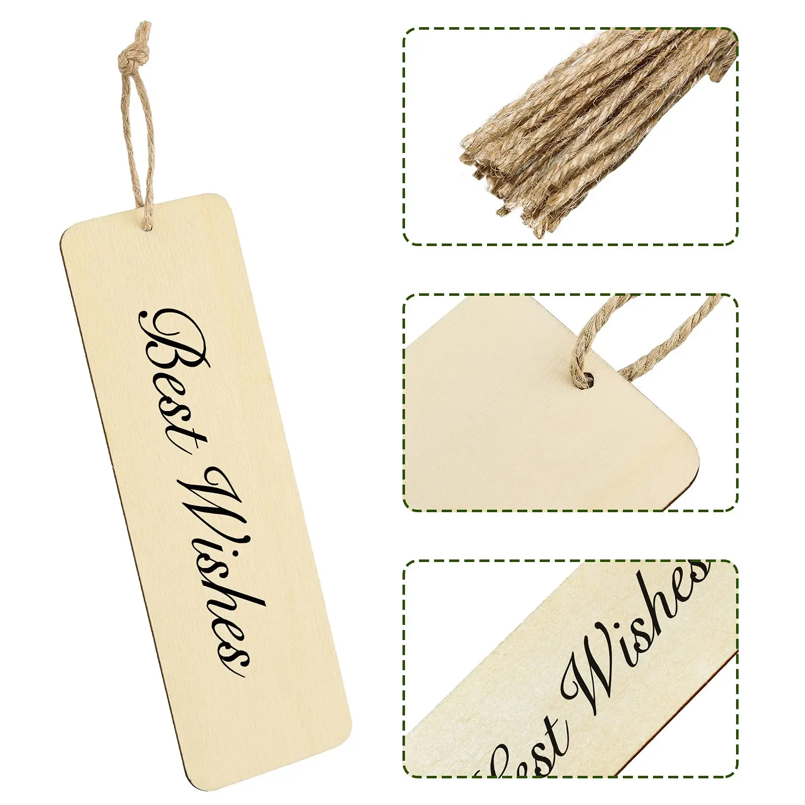 100Pcs Wood Blank Bookmarks Rectangle Hanging Tags Unfinished Wooden Book Markers Ornaments with Holes and Ropes for DIY Crafts