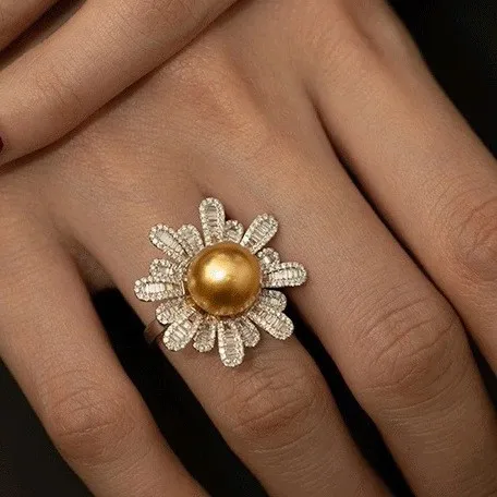 ジルコニアパールヒマワリの指輪,調節可能な開口部,高級ジュエリーギフト,ゴールド,新品,2024