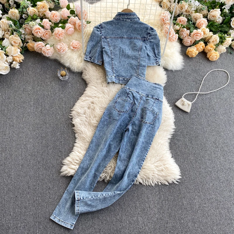 Women vintage Short Sleeve Jeans jacket + Single Breasted high waist skinny jeans two piece sets