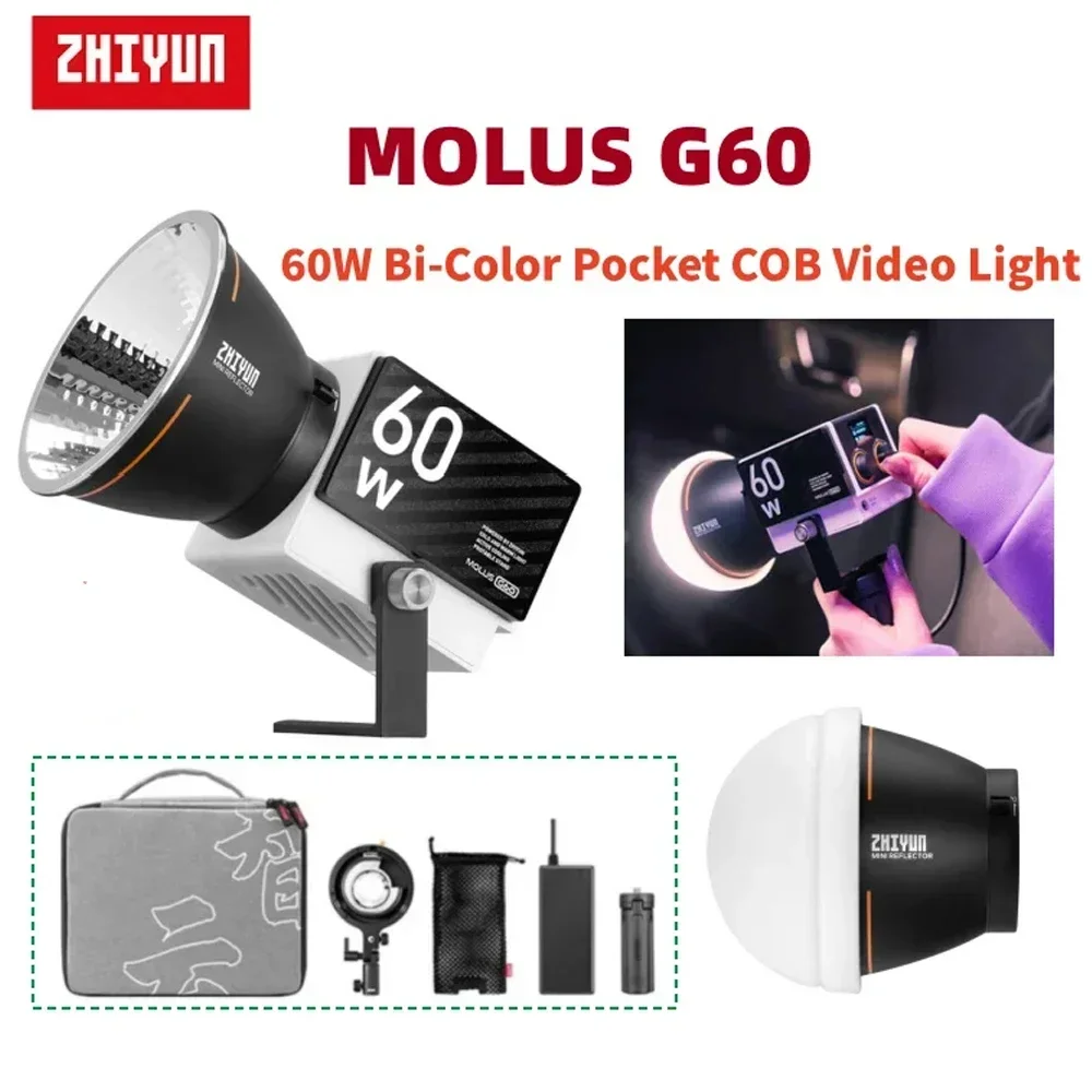 ZHIYUN MOLUS G60 60W COB Pocket LED Video Light Photography Lighting for YouTube TikTok Video Studio Photo Outdoor Shooting