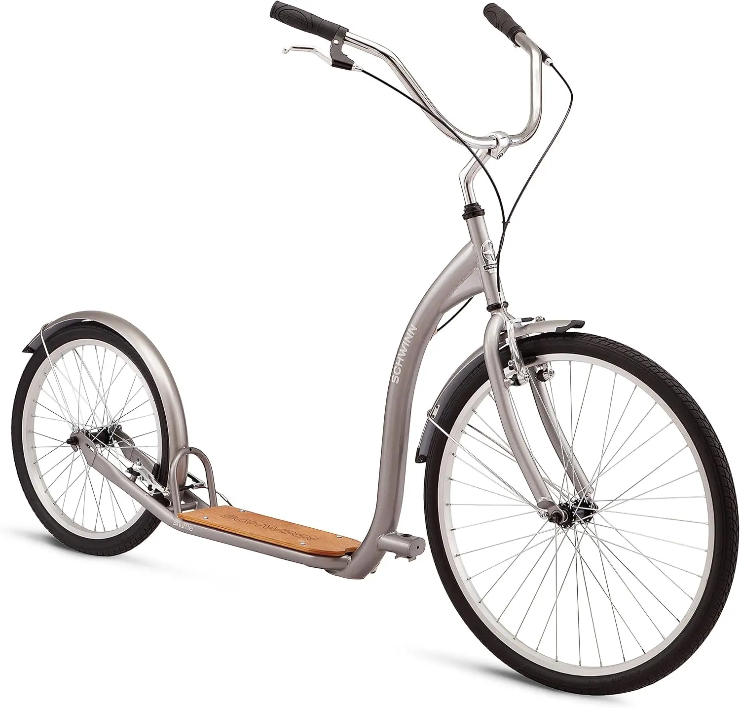 

Shuffle Mens and Womens Kick Scooter, Big 26-Inch Air Filled Front Wheel, 20-Inch Rear Wheel, Beach Cruiser Styled Handl