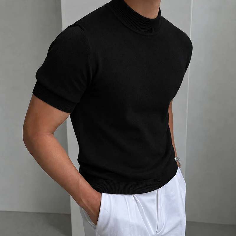 Herren Casual Einfaches Strick-T-Shirt Halbhoher Kragen Weicher Komfort Modisch Einfarbiges Strick-Kurzarm-T-Shirt Mock Neck Pullover – Detail 10