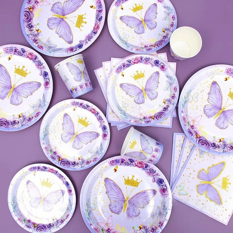 

HOUZHOU Spring Tea Party Butterfly Disposable Tableware Set Birthday Party Decoration Holiday Party Paper Plates Paper Cups